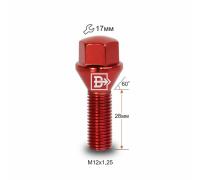 Болт M12X1,25X28 Красный Хром Конус с выступом ключ 17 мм C17B28 R-Cr
