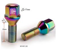 Болт M14X1,50X28 Радужный Титан Конус с выступом ключ 17 мм C17D28  Ti-Cr